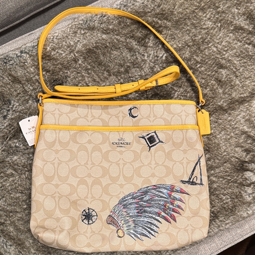 Coach Beige Crossbody Bag with Yellow Strap